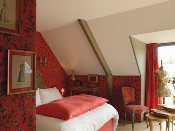 natural elements red wallpaper pictures bedded loft room