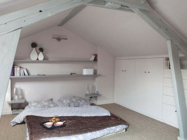 bedrooms in the attic mattress directly Floor wall shelves