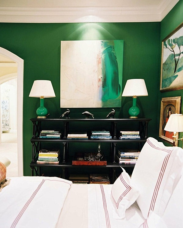 green wall design for bedroom two white lamps
