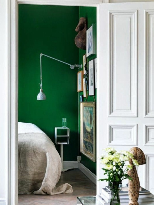 green wall design for bedroom white door