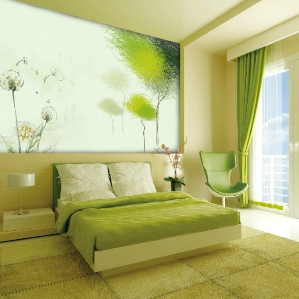 green wall design for bedroom with a large bed