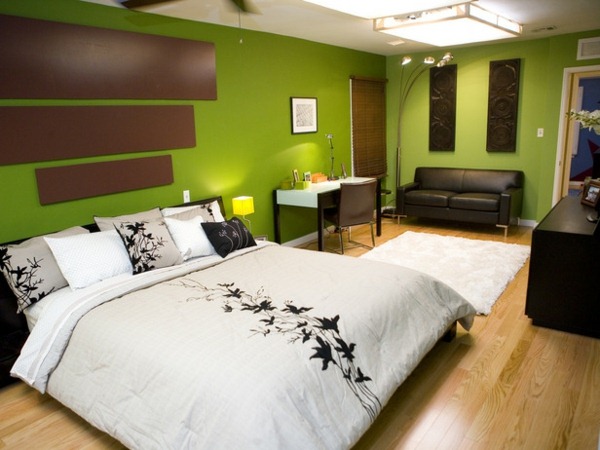 green wall design for bedroom with brown accents