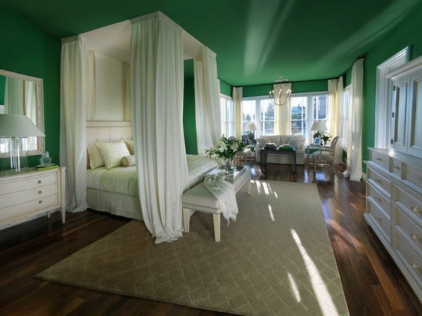 green wall design for bedroom with white curtains
