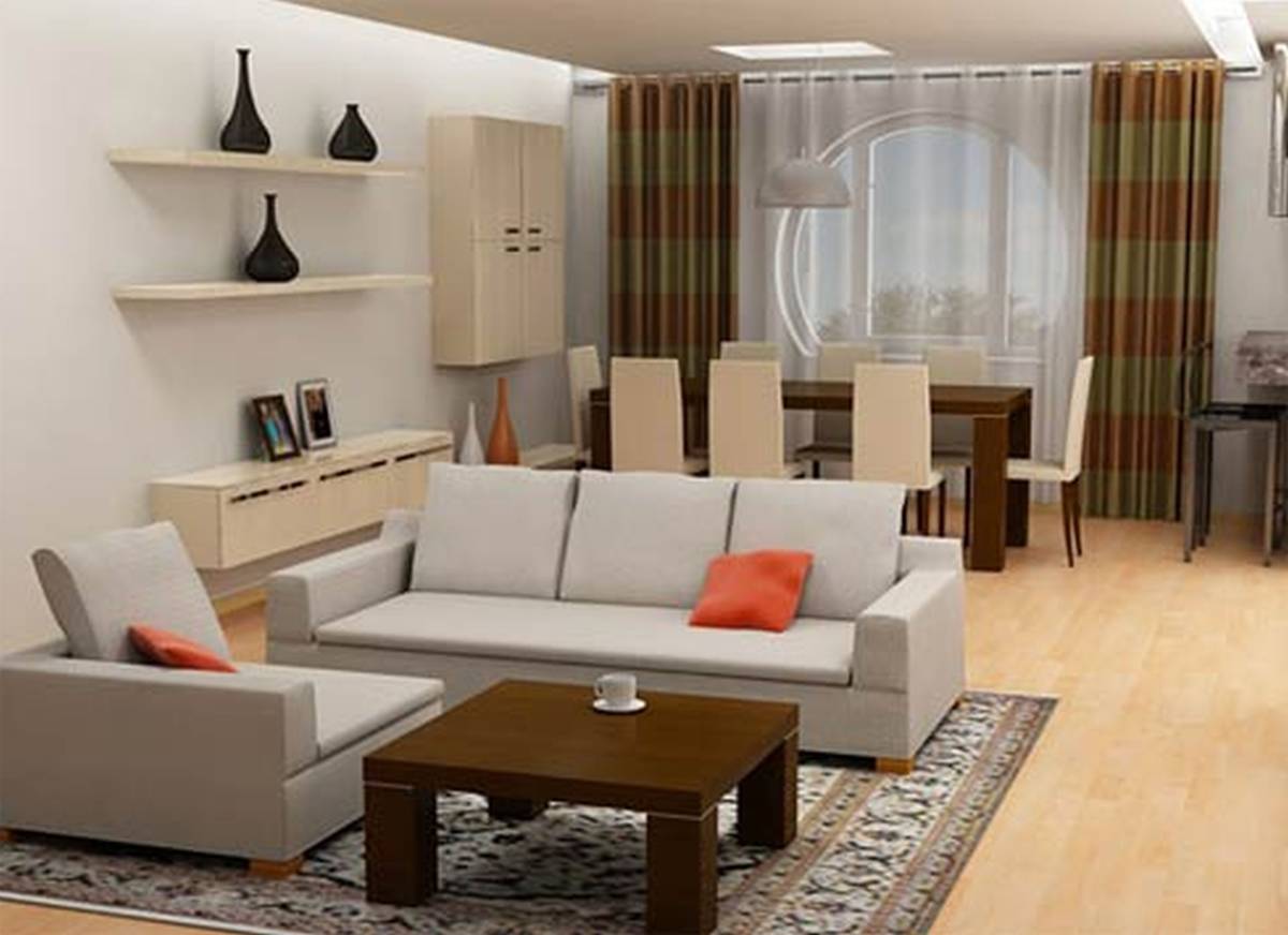 minimalist white interior living room design for small spaces that has sofa on the carpet and wooden shelves