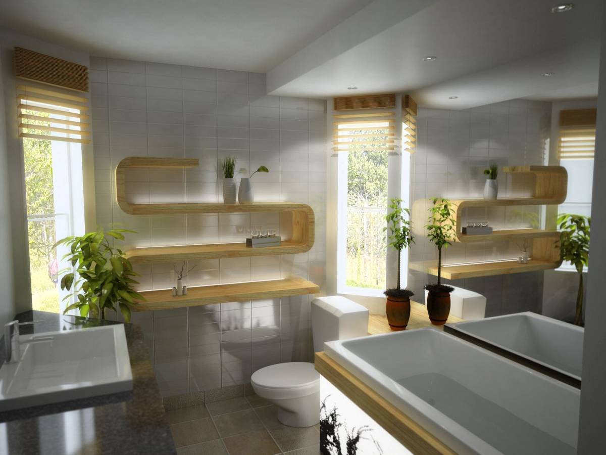 Combination of ceiling and natural lighting for bathroom