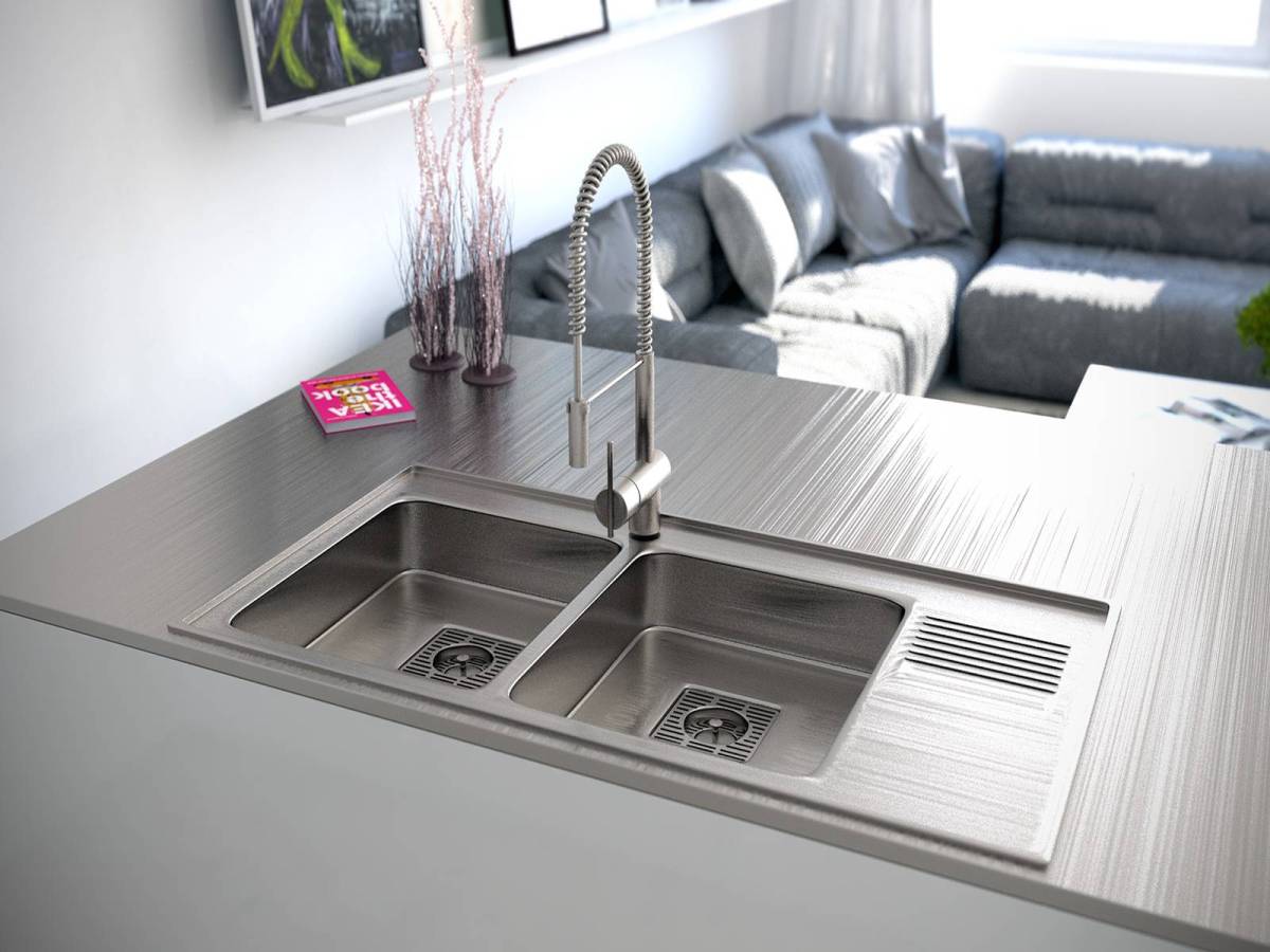 Cool Double Square Stainless Sinks With Curve Bronze Finish Swivel Faucet