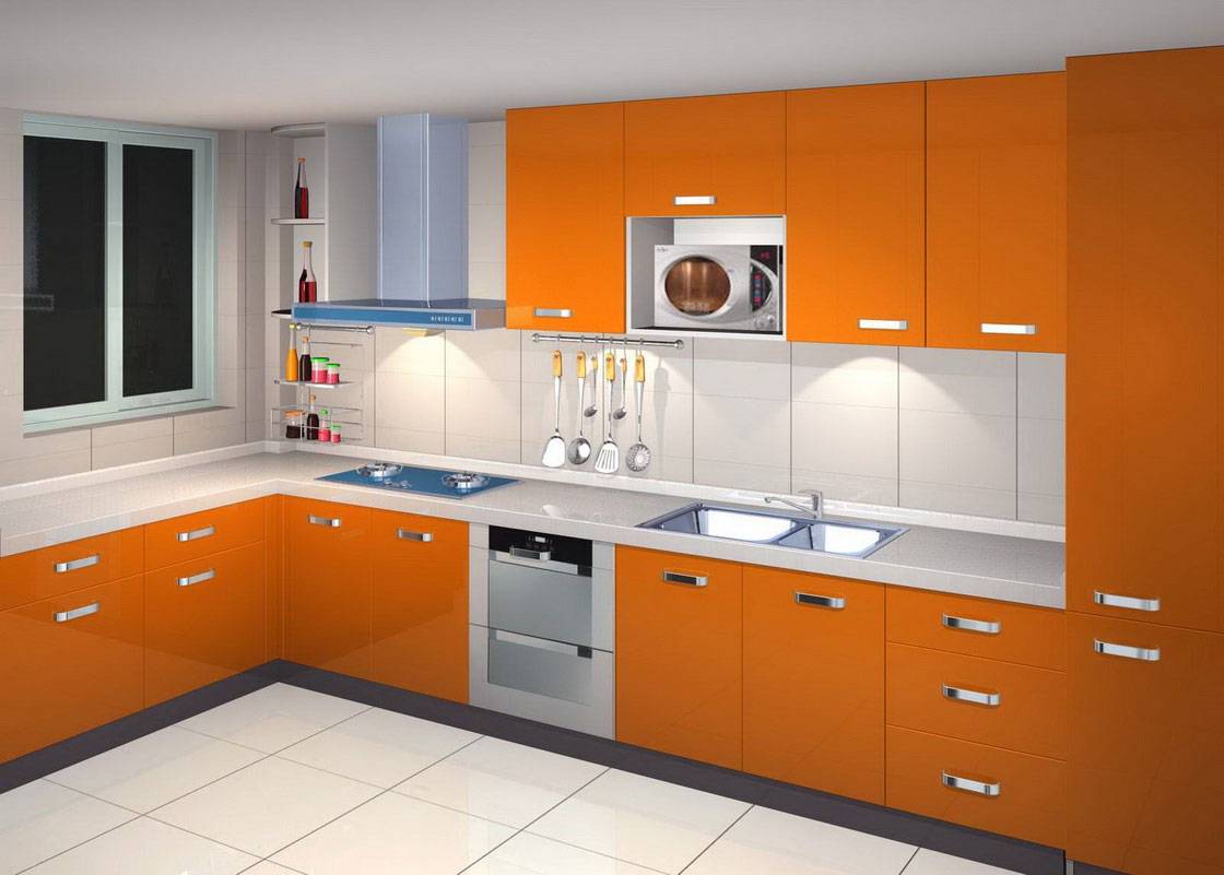 Cool orange semi-custom kitchen cabinets intended for simple designed kitchen