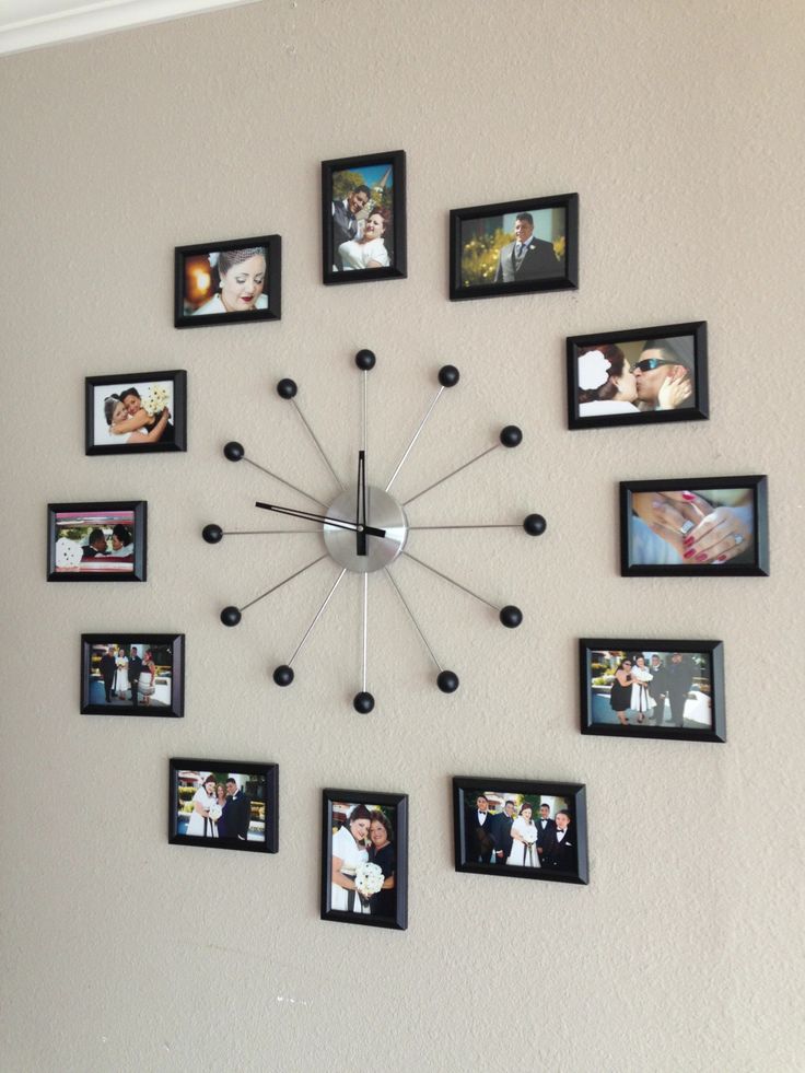 Creative Wall Decor Photo Collage Ideas with Unique Wall Clock at the Family Room