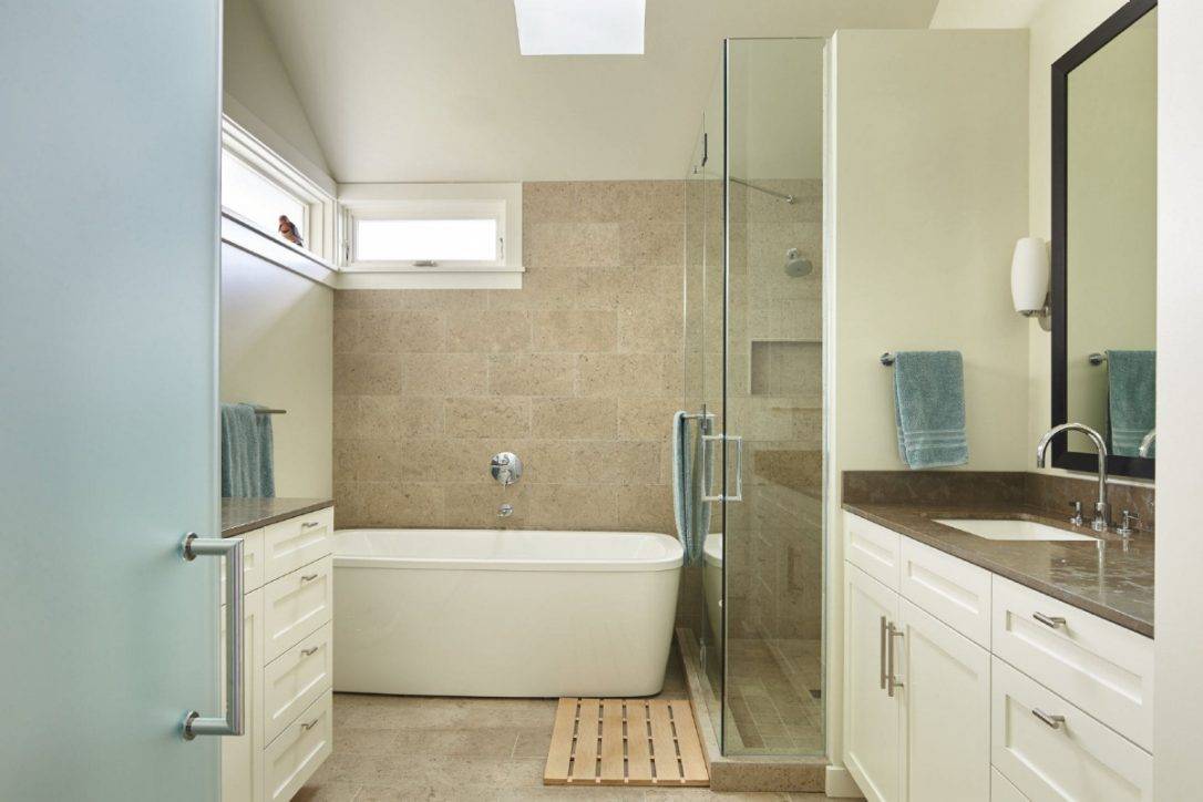 Hidden shower area with traditional vanity unit