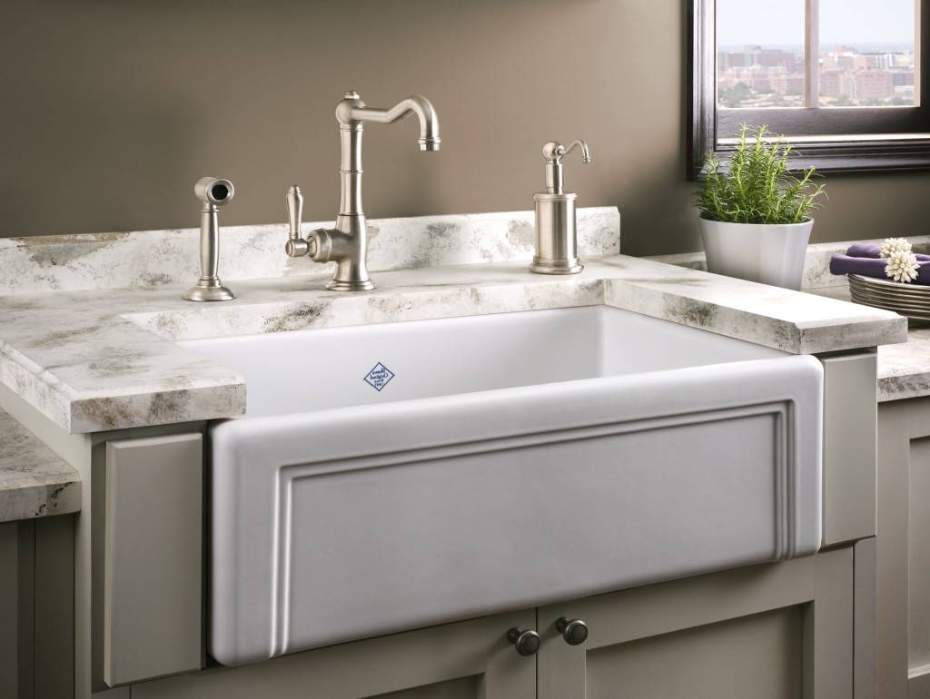 Luxurious Kitchen Sink Faucets Design And White Farm Sink In Quartz Countertop And Grey Counter