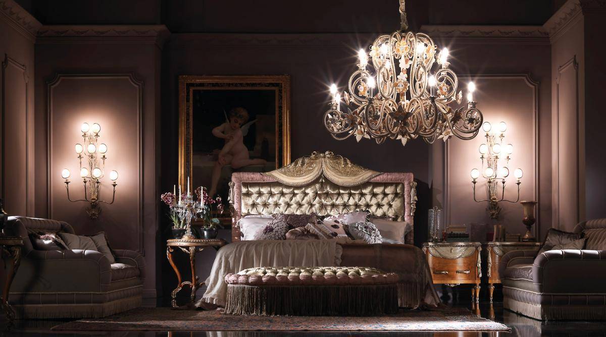 Luxury bedroom interior design with unique italian chandelier