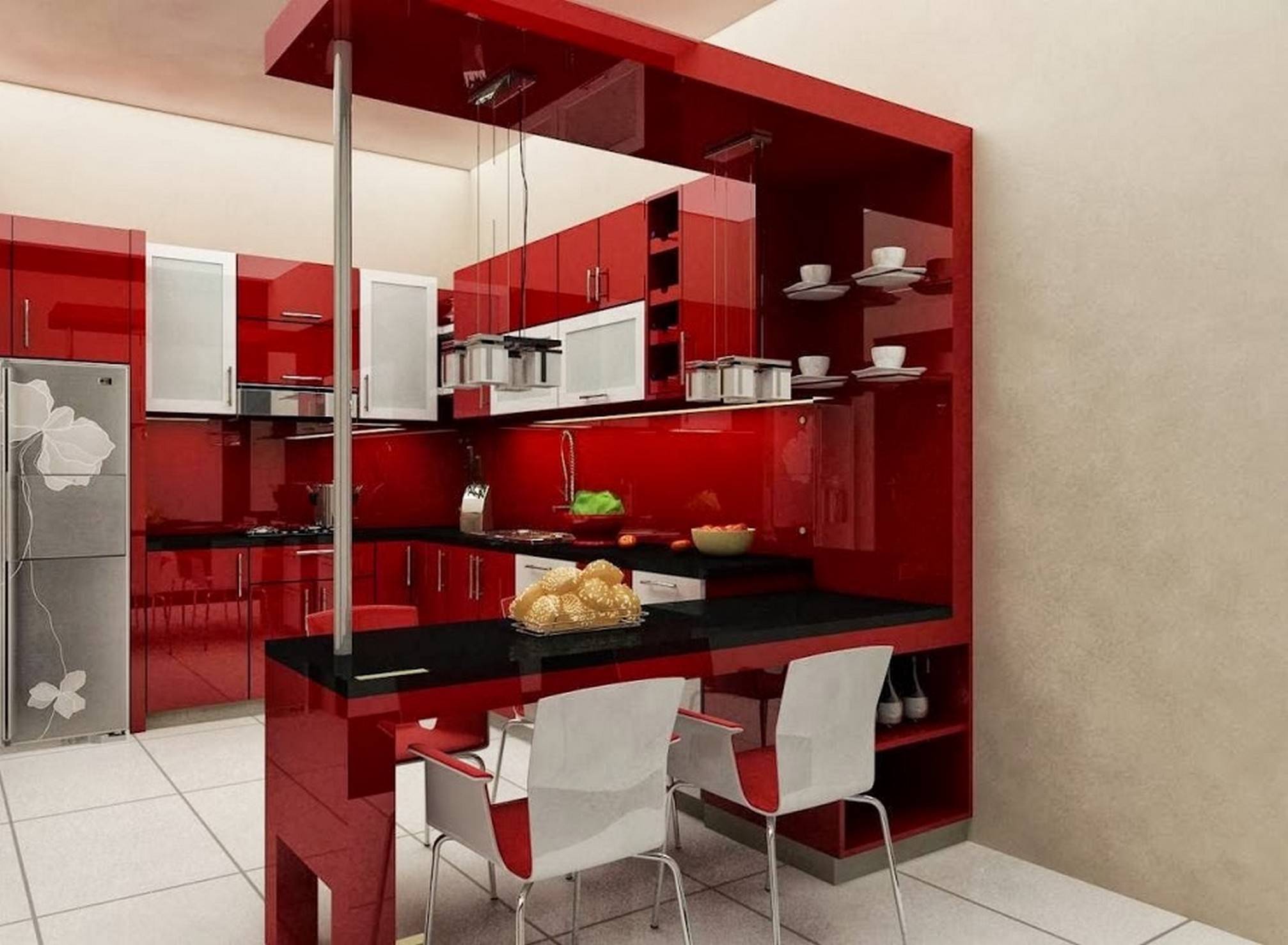 Minimalist interior concept with red kitchen cabinets for contemporary home with mini bar and granite countertop