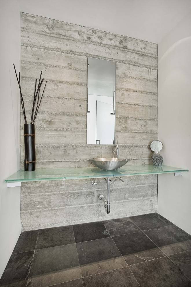 Modern glass vanity with aluminium sink and mirror for small bathroom