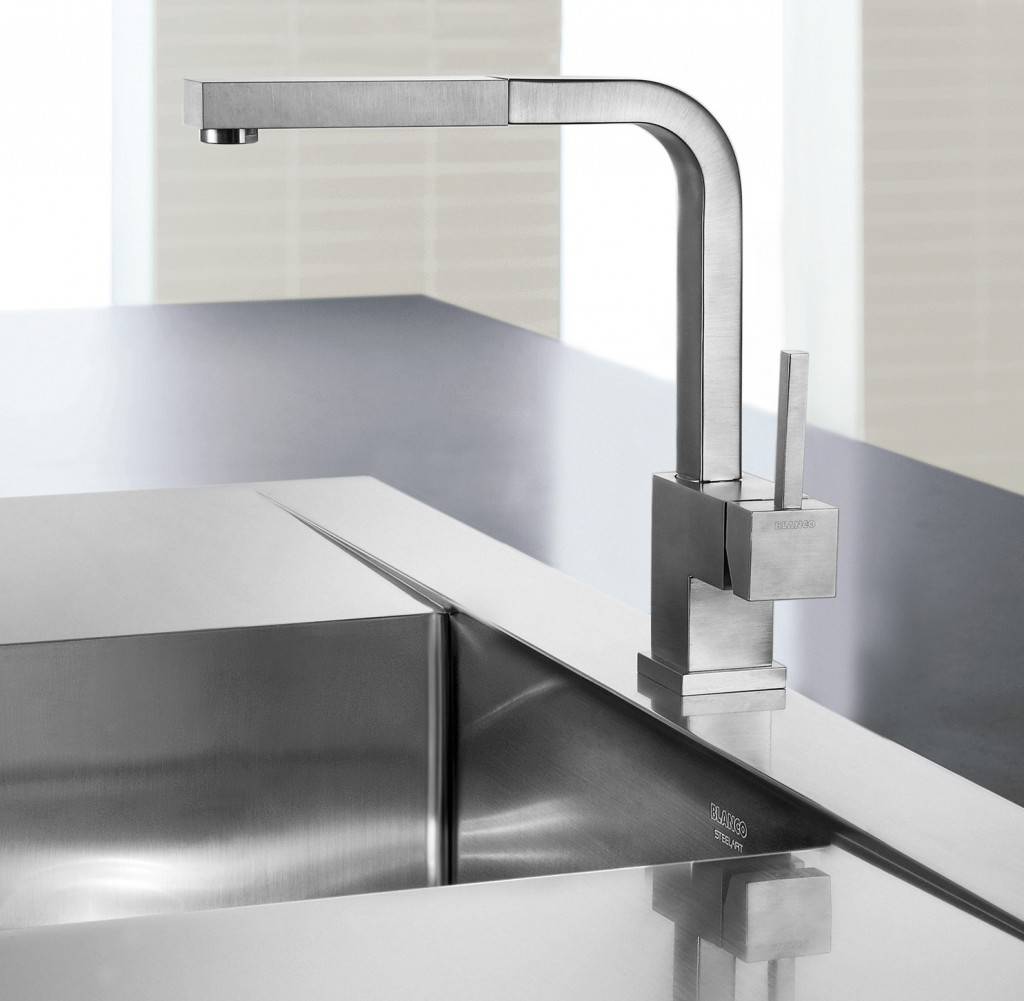 Stunning Glossy Mounted Sink And Modern Kitchen Faucets On Grey Couter Beside Tile Wall