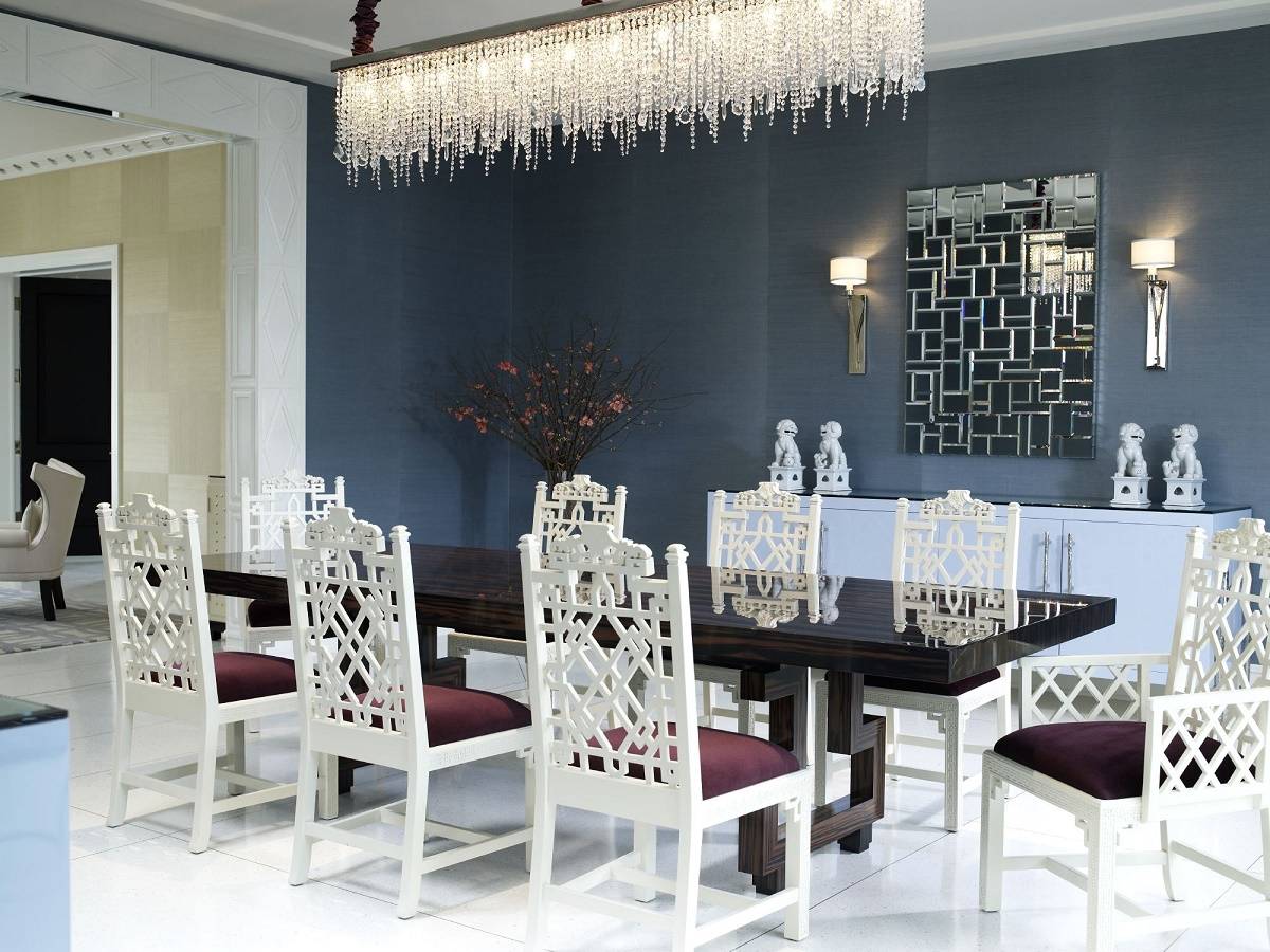 Wonderful Raindrops Chandelier as Dining Room Lighting Above Glossy Hardwood Dining Table