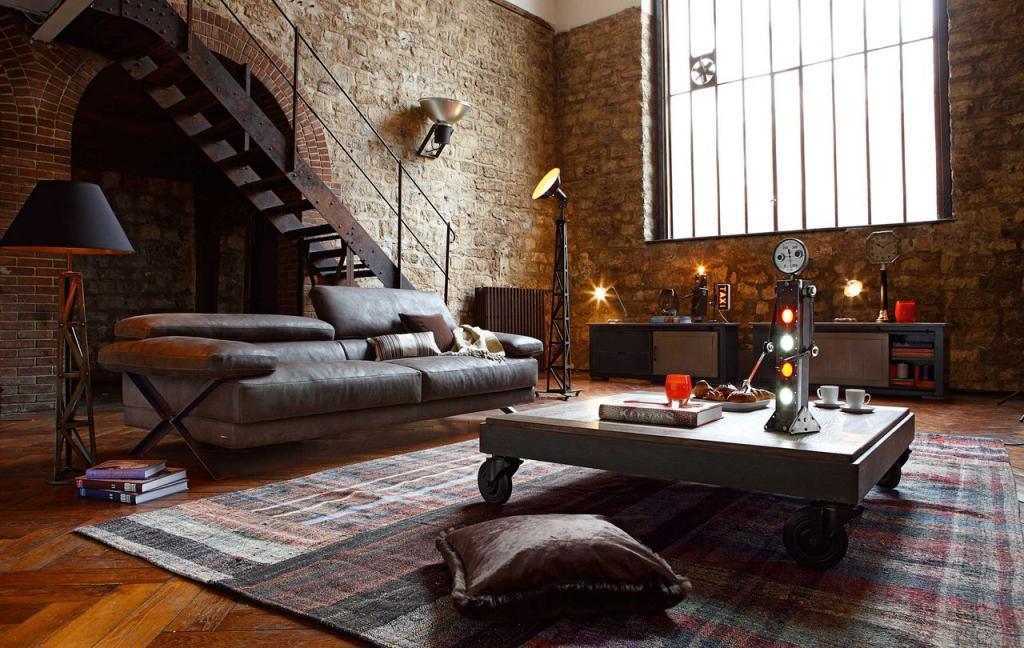 amusing living room design with brick wall plus brown sofa feat trundle table on rug also hardwood flooring