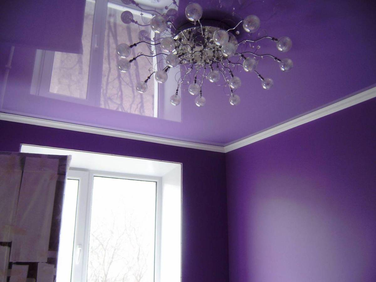 beautiful purple gloss bedroom ceiling design with fancy chandelier idea