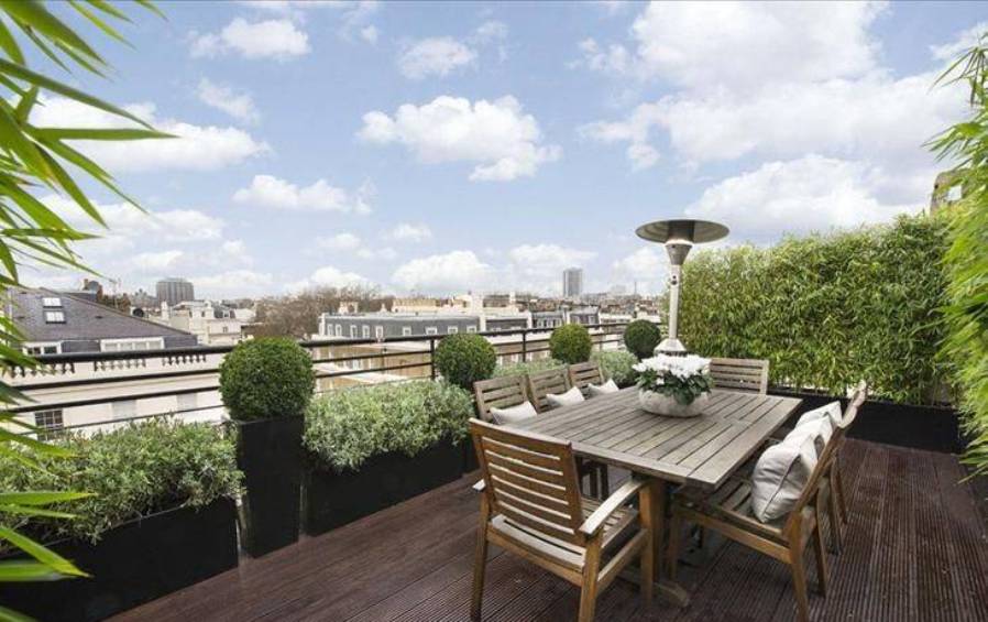 Landscaping And Outdoor Building , Roof Terrace Design : Roof Terrace Design With Solar Lighting And Outdoor Furniture And Topiaries