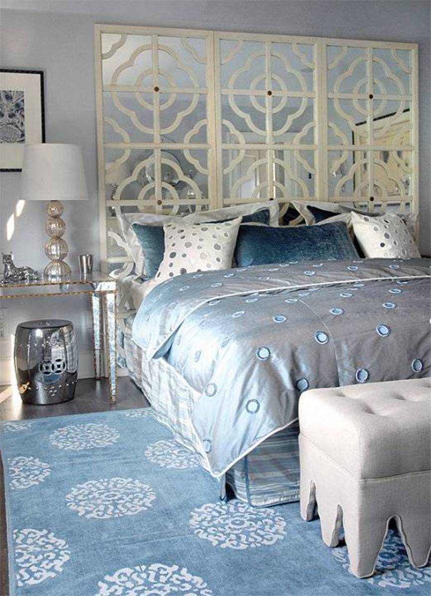 glam-bedroom-ideas-with-blue-rug-and-purple-silk-comforter-and-mirror-headboard-and-mirrrored-nightstand