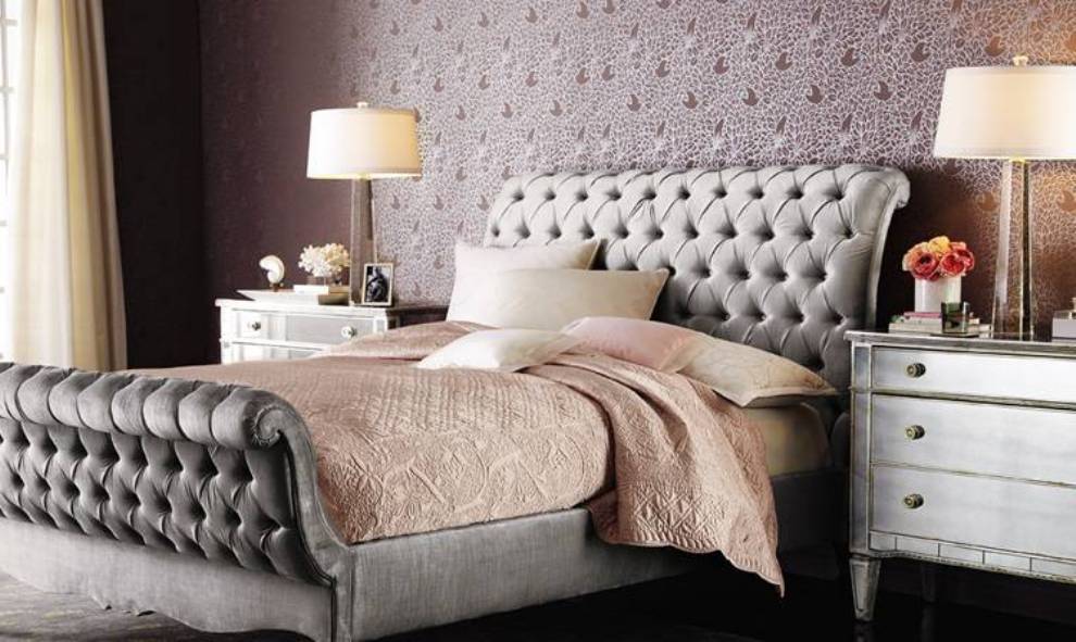 glam-bedroom-ideas-with-tufted-sleigh-bed-and-tan-bedding-and-wallpaper-and-silver-nightstands
