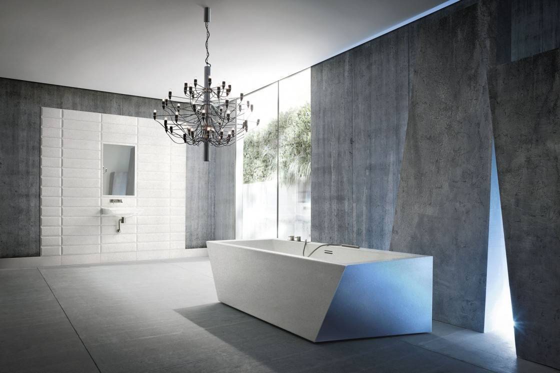 luxurious bathroom idea with grey wall design and rectangle soaking tub under cool chandelier