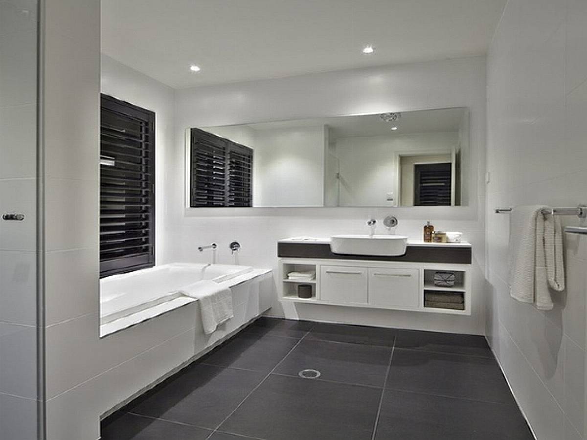 modern master bathroom in classic white with contrasted grey tiled floor