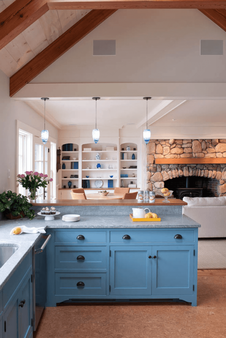 pastel blue farmhouse kitchen cabinets