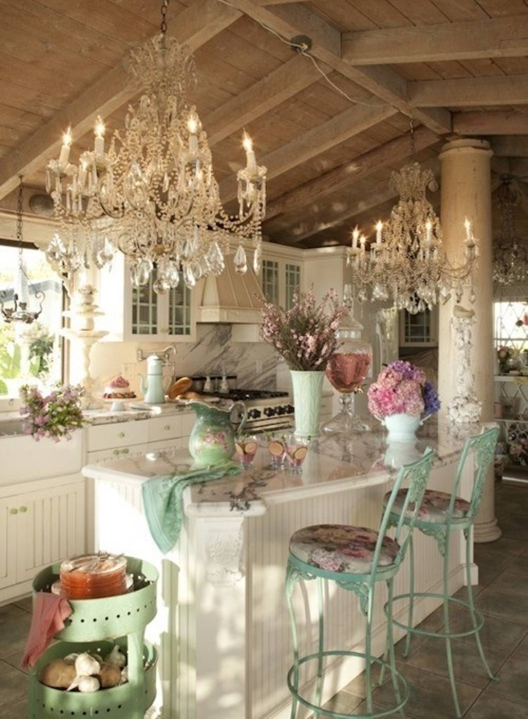 shabby chic kitchen ideas with double kitchen chandelier above kitchen island with seating for two and white cabinets