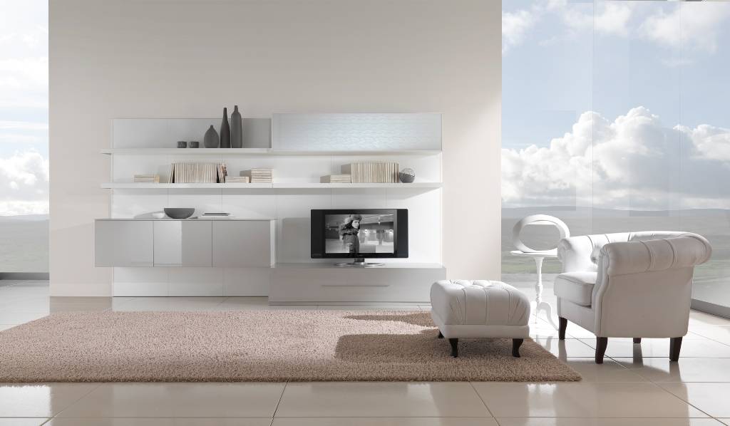 Modern white gloss luxury living room storage units and furniture.