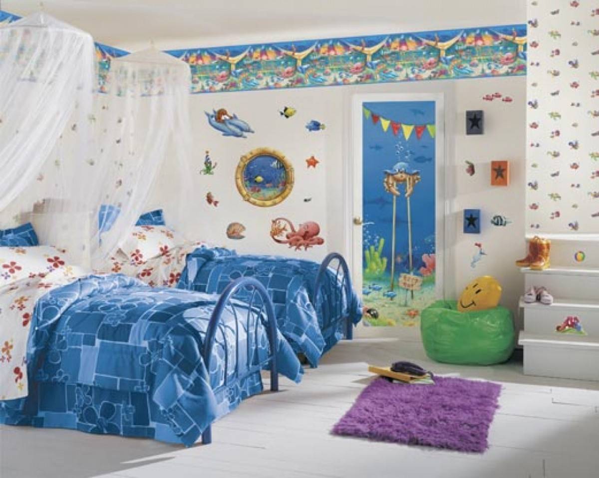 Bedroom cute kid bedroom designs with sea themes and decoration with double blue bed and white curtain