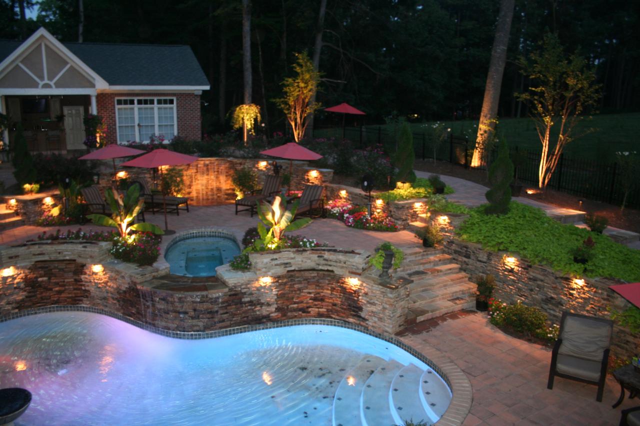 Pretty Backyard With Free Form Pool Idea Feat Stylish Exterior Light Fixtures And Red Patio Umbrellas