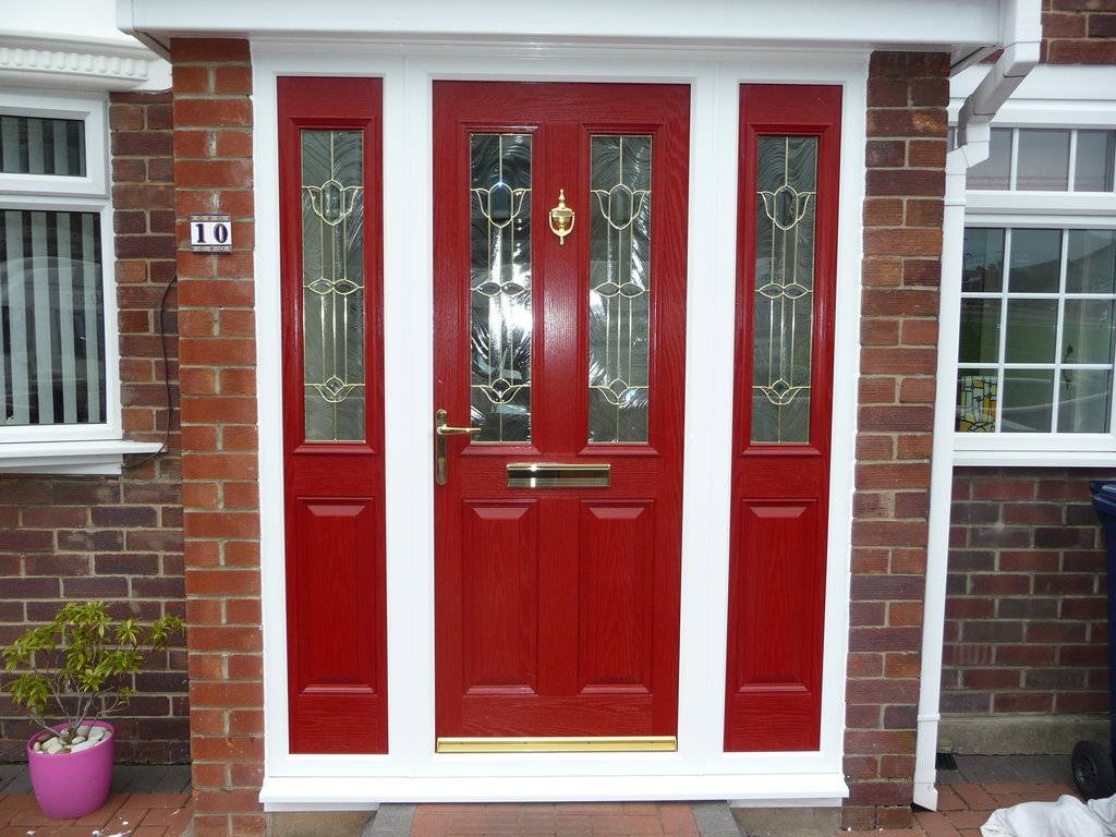 Wonderful Traditional Red Front Door Design Made from Wooden Material Combined with Glass