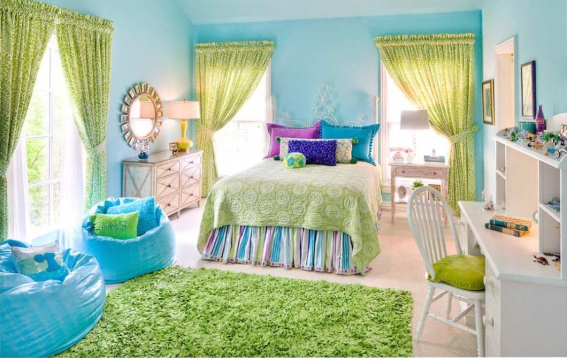 amazing kids room decorating ideas with light blue wall paint scheme and beautiful green patterned rod pocket window curtain