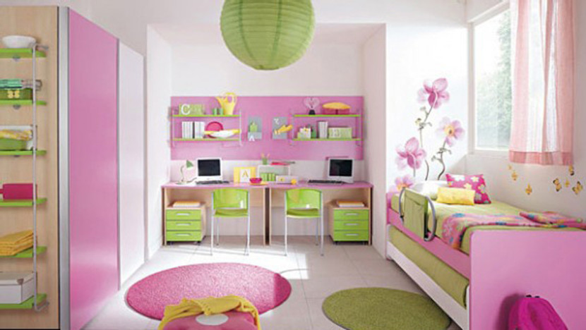 Interior, Best Girls Rooms Interior Design Ideas Fabulous Design Ideas Of Girls Room With White And Pink Colors Bed Frames Also Combine With Green And Floral Pattern Covered Bedding Sheets And Pillows Also White Wall Paint Color And Glass Window With Pink Curtains Also Wooden Large Wardrobes With Sliding Door And Green Lantern Also Wall Mounted Storage Shelves And Double Computer Table And Green Chairs Also Wheeled Double Storage Drawers And Round Shape Pink And Green Colors Plush Carpets As Well As Kid Bedroom Ideas Also Home Interior Design Ideas