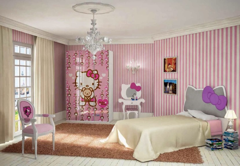 Interior, Best Girls Rooms Interior Design Ideas Fascinating Design Ideas Of Girls Room With White Color Wooden Bed Frames And White Also Gray Colors Hello Kitty Head Shape Headboard And Combine With Pink And Cream Colors Covered Bedding Sheets And White Pillows Also White Wooden Floor And Brown Color Frieze Carpet Also Stripes Pattern White And Pink Colors Wallpaper And Wooden Wardrobe With Hello Kitty Theme Painting On Door Also Glass Windows With White Curtains Color Also Pretty Chandelier With Home Decor Ideas Also Kids Bedrooms Ideas