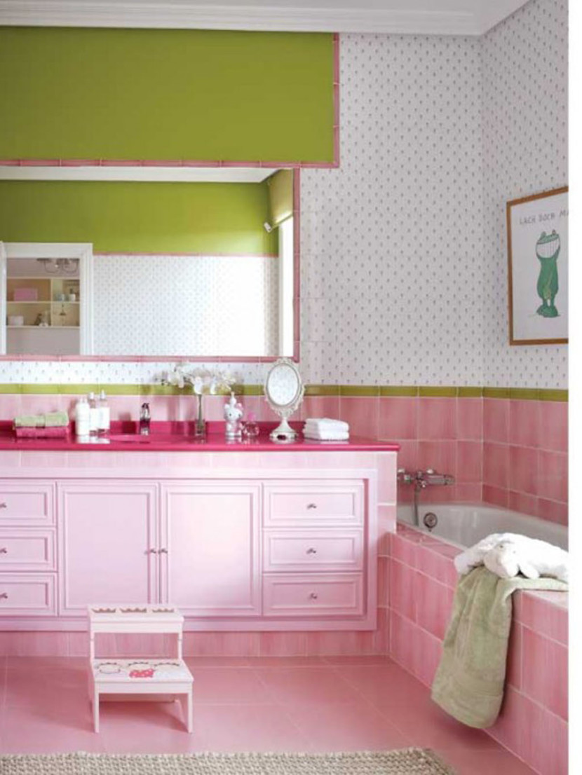 Interior, Best Girls Rooms Interior Design Ideas Adorable Design Ideas Of Girls Room With White Color Soaking Bathtubs With Pink Color Ceramics Floor And Wall Layers Also Combine With White Color Wooden Bathroom Vanity With Drawers And Cabinets Also Pink Color Countertops And Rectangle Shape Wall Mirror Also Combine With White And Green Wall Paint Colors With Interior Design And Ideas For Decorating