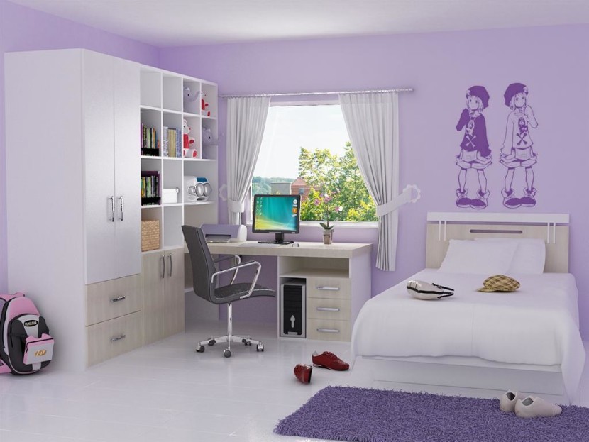 Interior, Best Girls Rooms Interior Design Ideas Beautiful Design Ideas Of Girls Room With White Color Bed Frames And White Color Covered Bedding Sheets Also Pillows And Rectangle Shape Computer Table With Storage Drawers And Glass Fixed Window Also White Curtains Also Large White Wooden Storage Cabinets And Drawers Also Storage Shelves And White Ceramics Floor Also Rectangle Shape Purple Color Frieze Carpet And Purple Wall Paint Color With Home Decor Ideas Also Decorate Girl Room