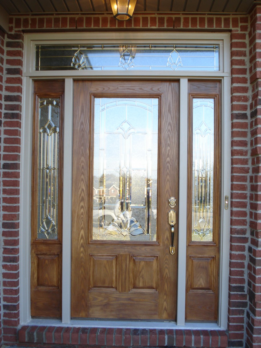 brown-contemporary-front-doors-with-glass-side-panels_aclyric-ornament-also-exposed-brick-walls