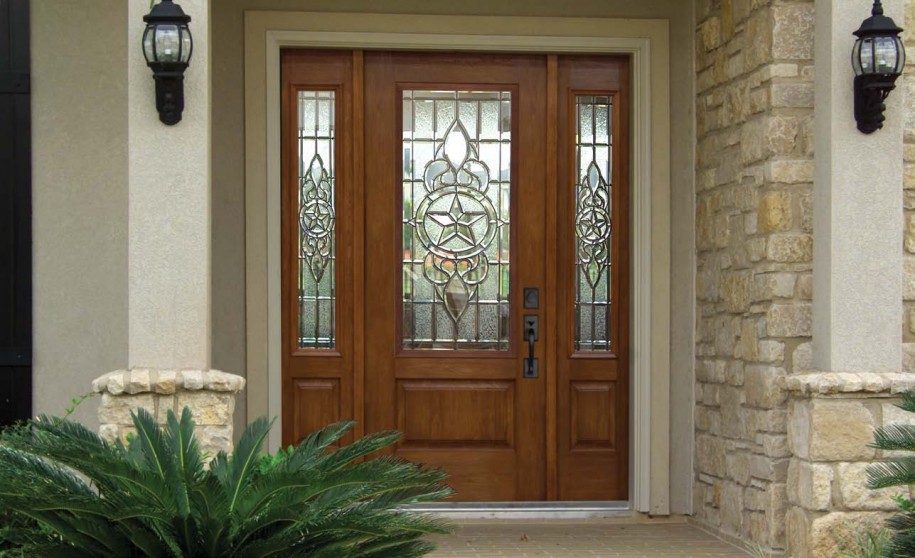 classic-craft-master-grain-wood-combining-front-doors-with-glass-and-sidelights_exposed-beige-stone-walls-and-vintage-pole-lights