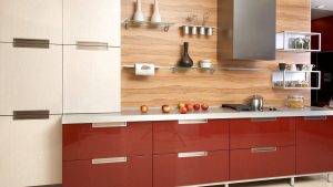 cool modern small kitchen design using shiny brown cabinet and white table
