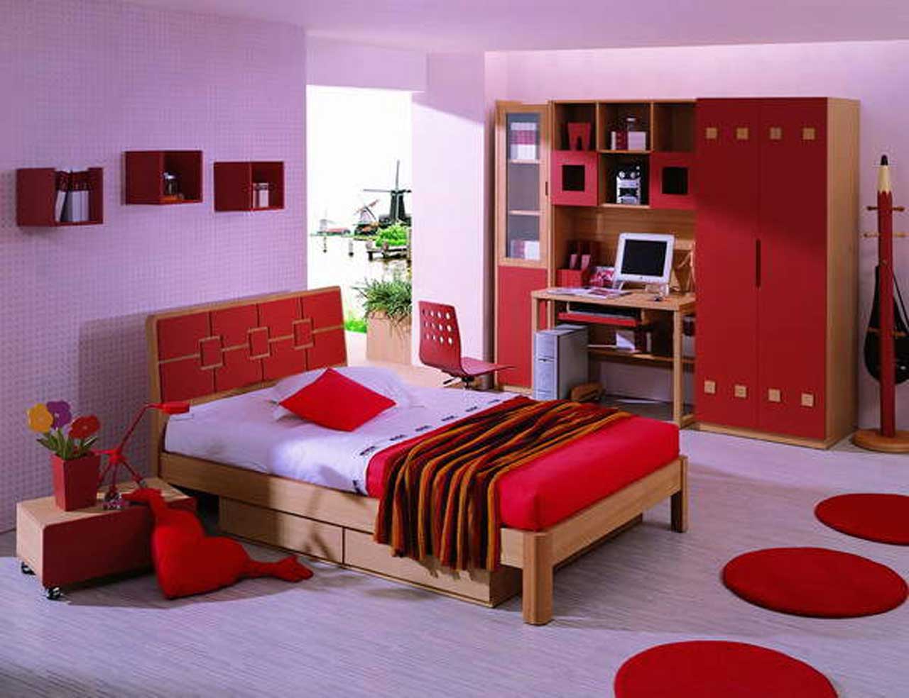 Charming Kids Room Decor Red Color Design Ideas With Cute Purple Ceramic Floor Tile Patterns Also Simple Wood Bed Frame Designs Plus Creative Bookshelf Ideas For Limited Space Design