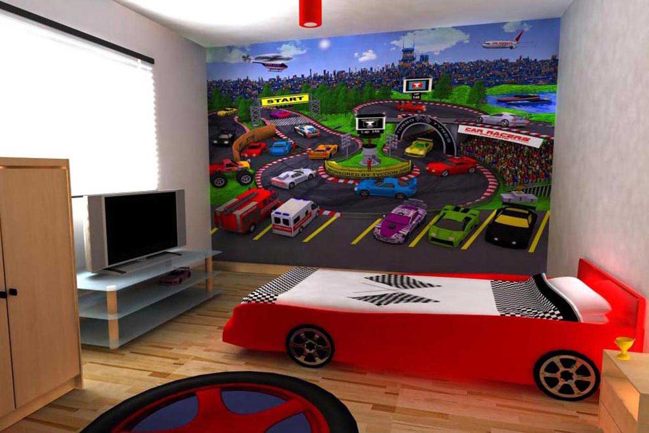 Inspiring Kids Room Decor For Boys Designs Ideas With Cool Race Car Themed Also Creative Race Car Wall Art Design Plus Wood Flooring Bedroom Ideas And Simple Wooden Cupboard Design Ideas