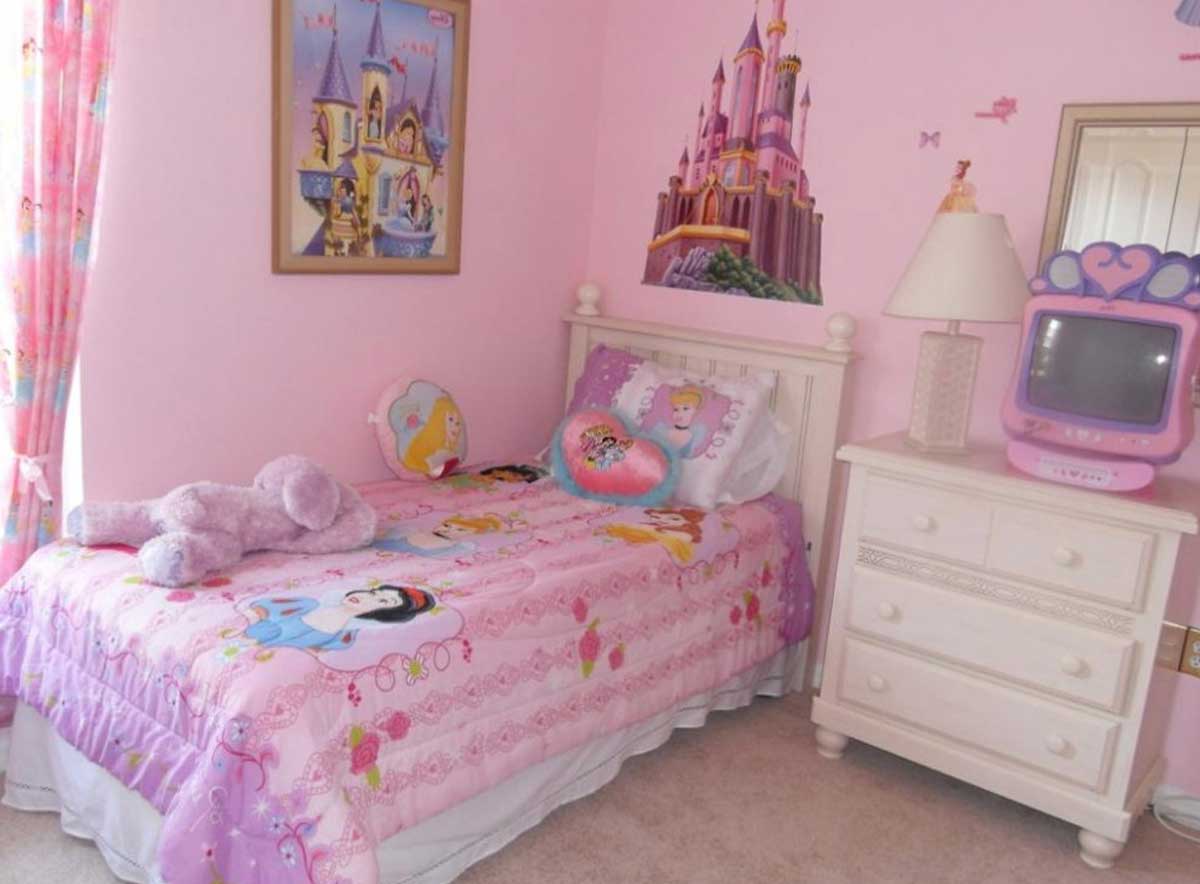 Outstanding Kids Room Decor For Girls With Interesting Hand Painted Princess Castle Mural Also Simple White Painted Cabinet Kids Room Design Plus Sweet Prince Bed Kids Room Ideas