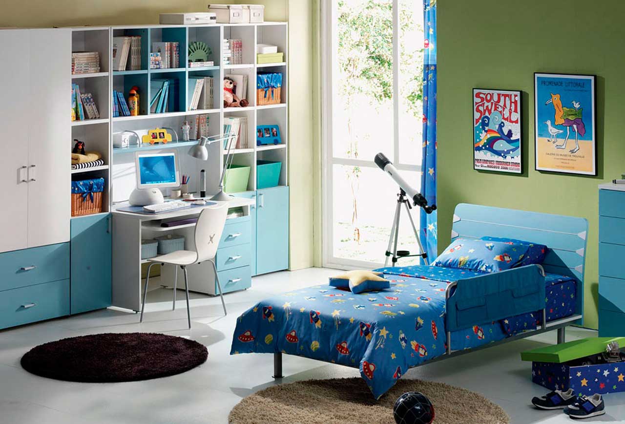 Cool Kids Room Decor Boys Blue And Green Colours Design Ideas With Simple Brown Circle Carpet Kids Room Design Also Interesting Space Themed Bed Sheets Kids Room Design