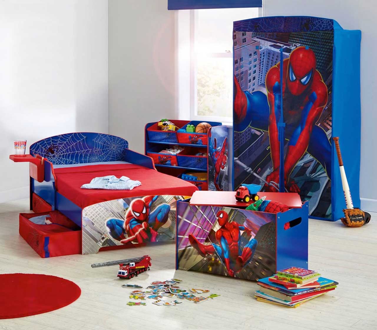 Amazing Kids Room Decor For Boys Spiderman Design Ideas Theme With Simple Bed Red And Blue Color Scheme Kids Room Decor Also Cool Cupboard Kids Room Design