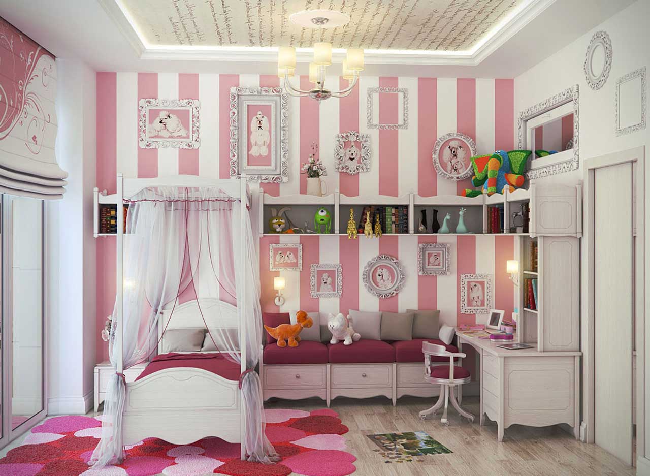 Beautiful Kids Room Decor Color Schemes With Comfortable Bed Set Arrangement Kids Room Ideas Also Natural Wood Floor Kids Room Design Plus Simple White Study Table And Cute Pink Love Heart Carpet