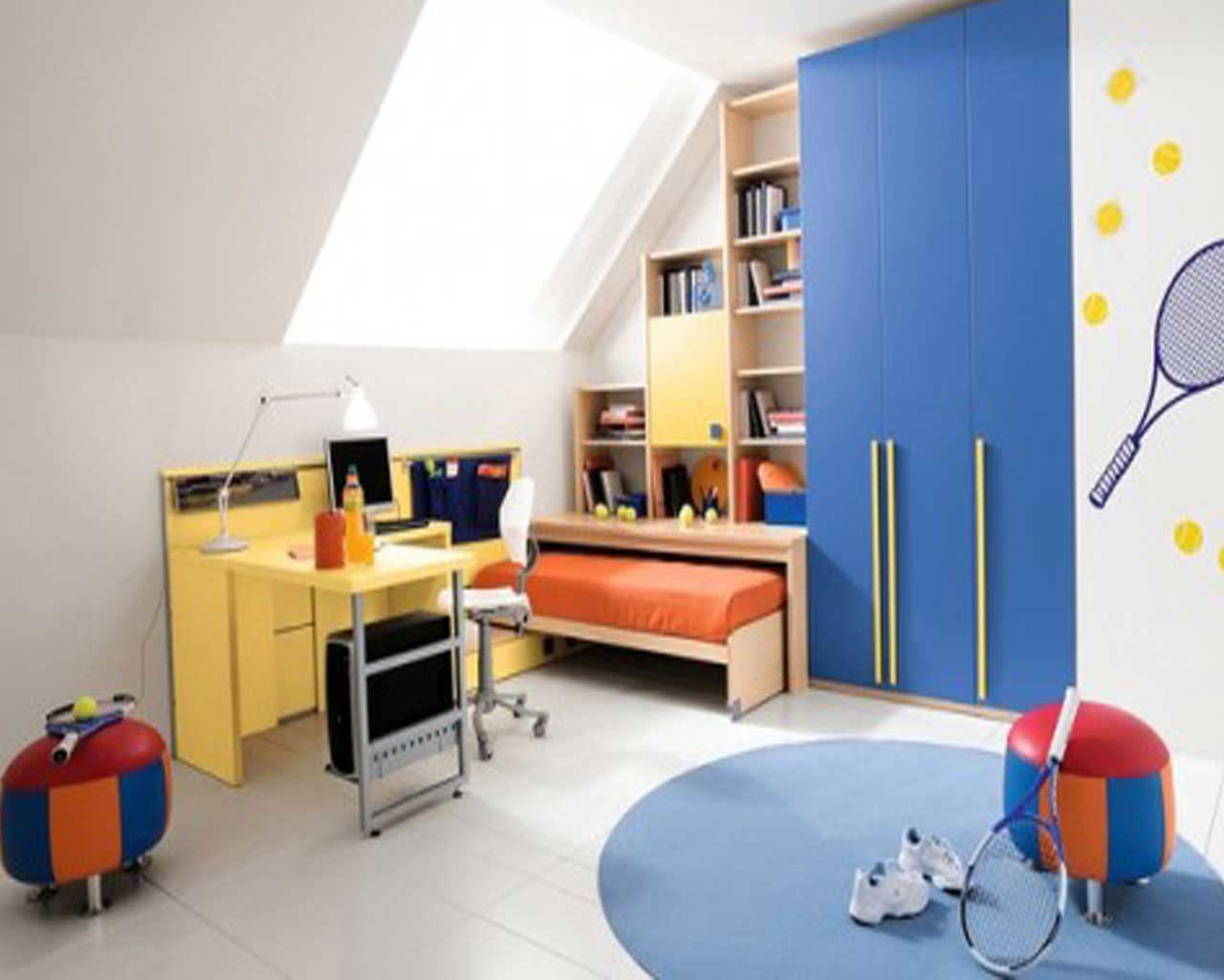 Cool Sports Boys And Kids Room Decor Design Ideas With Inspiring Laptop Study Table Designs And Modern Wall Shelves Design Ideas Plus Fresh Orange Bed Linen Color Schemes Ideas