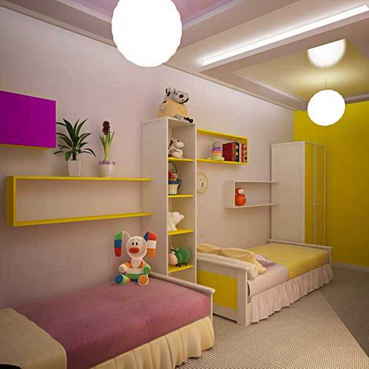 Kids Room Decorating Ideas For 2 Bedroom Furniture With Simple Wooden Dollhouse Shelf Also Funny Animals Doll Kids Room Ideas Plus Trendy Brown Striped Carpet Kids Room Design Ideas