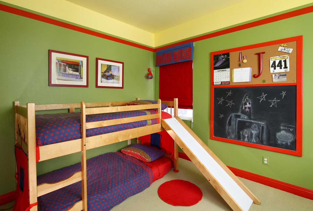 Tasty Cool Kids Room Decor Colors For Boys Designs Ideas With Inspiring Wood Bed Kids Room Design Also Green Red Color Scheme Plus Simple Chalkboard Paint Ideas