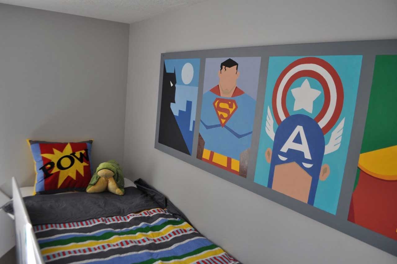 Modern Superhero Themed Kids Room Decor For Boys Designs Ideas With Simple Grey Wall Ideas For Bedroom Also Interesting White Wooden Bed Frame Small Double Designs